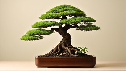 Intricate Artistry: A Serene Display of a Meticulously Cultivated Bonsai Tree in a Simple, Elegant Brown Container.