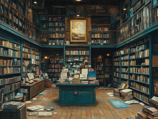 Interior view of a bookstore with shelves full of books and wooden floors.