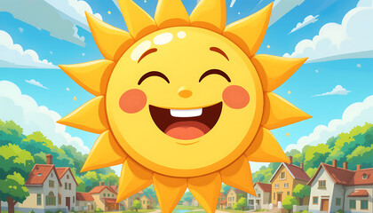 Fototapeta premium Cute Cartoon Sun with a Big Smile, Spreading Beams of Laughter Over a Happy Town