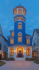 Obraz premium Blue tower building with windows and architectural details at dusk or dawn.