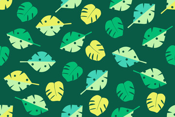 Seamless pattern with monstera leaves on a green background. Elements for printing, textures,
fabrics, wallpapers. Vector illustration.