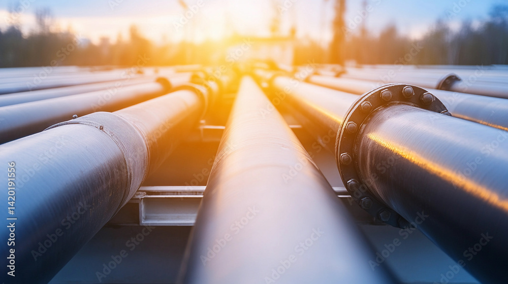Aufkleber bright industrial pipeline during sunset from close-up perspective generative ai