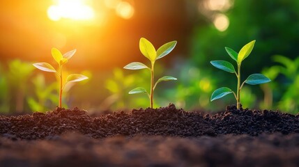 Fresh Green Seedlings Growing in Rich Soil at Sunrise