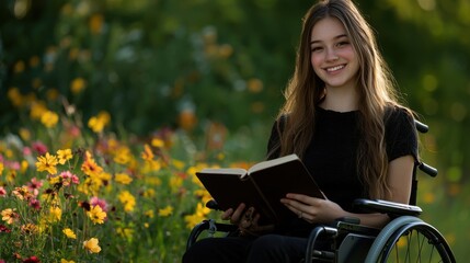 A young woman in a wheelchair is sitting in a field of flowers