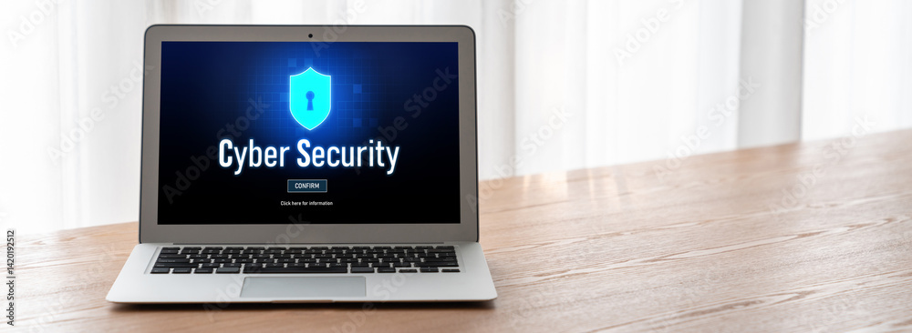 Poster cyber security system on computer screen protect private information snugly from hacker and cyber at