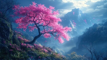 Serene Blossom Tree in Misty Mountain Landscape at Sunset