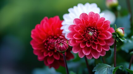 Two red and white flowers with green leaves