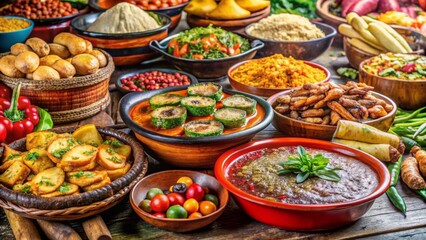 A Vibrant Collection of Savory Dishes Featuring an Array of Exquisite Culinary Creations, Served in Rustic Bowls and Baskets on a Weathered Wooden Table