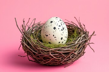 Obraz premium Spotted egg nestled in a delicate bird's nest.