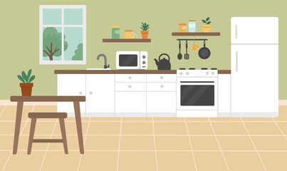 Modern flat style kitchen interior with stove, microwave, refrigerator, and wooden furniture. Bright, cozy, minimalist home design with houseplants.