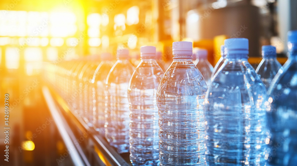 Poster Close-up view of bright rows of water bottles in sunlight Generative AI