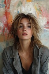 Fototapeta premium Portrait of a young woman with messy hair wearing a jacket against abstract background.