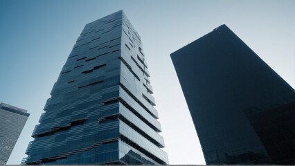 Modern Skyscrapers Reach for the Sky: A Striking Architectural Composition against a Pale Blue Sky, Representing Urban Growth and Innovation