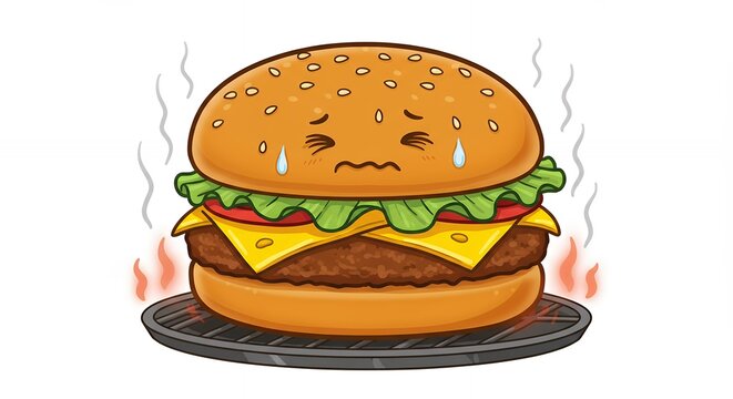 recommend clip art: Sad cartoon hamburger illustration delicious food fast food cute grill cooked meal