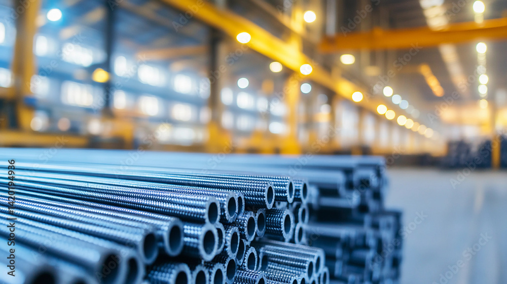 Poster bright stacks of steel bars in a warehouse setting generative ai