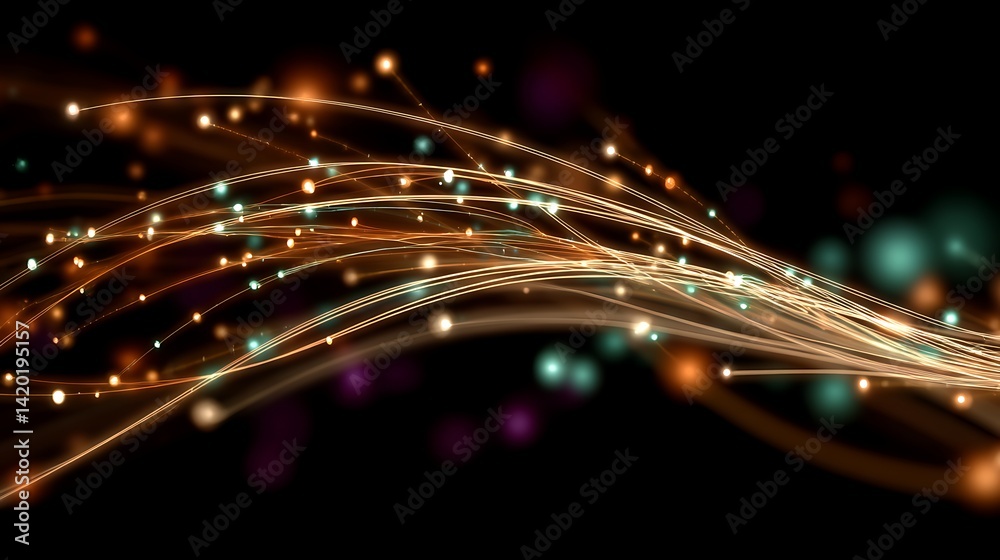 Poster luminescent filaments in motion abstract light trails on a black backdrop with sparkling particles.