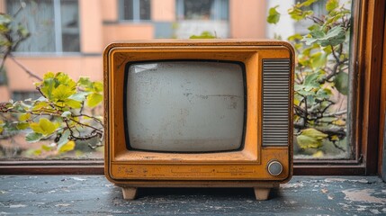 Vintage 1960s Television Set on Wooden Windowsill Surrounded by Plants