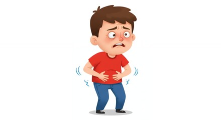 Worried young man experiencing stomach pain cartoon illustration