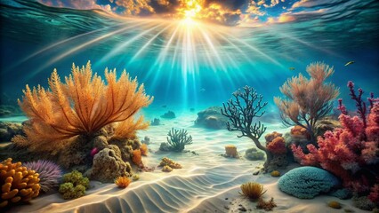 Obraz premium Sunbeams Illuminate Vibrant Underwater Coral Reef Scene with Sandy Bottom and Diverse Marine Life