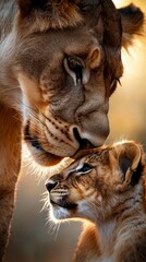 A mother lion is hugging her cub