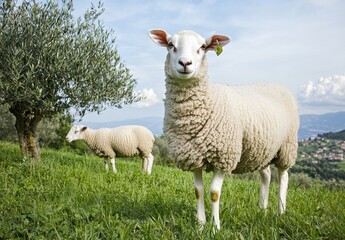 Obraz premium Sheep Grazing in Olive Grove Under Clear Blue Sky in Countryside