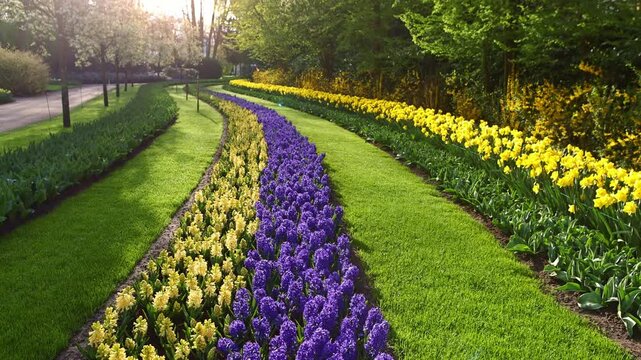 spring morning in Keukenhof garden in bloom in the Netherlands, gimbal shot of a blossoming hyacinths in Dutch flower garden in Holland