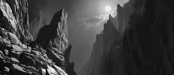 A dramatic black and white landscape showcasing jagged cliffs under a full moon, evoking a mysterious atmosphere.