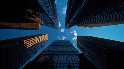 A city skyline with four tall buildings and a clear blue sky