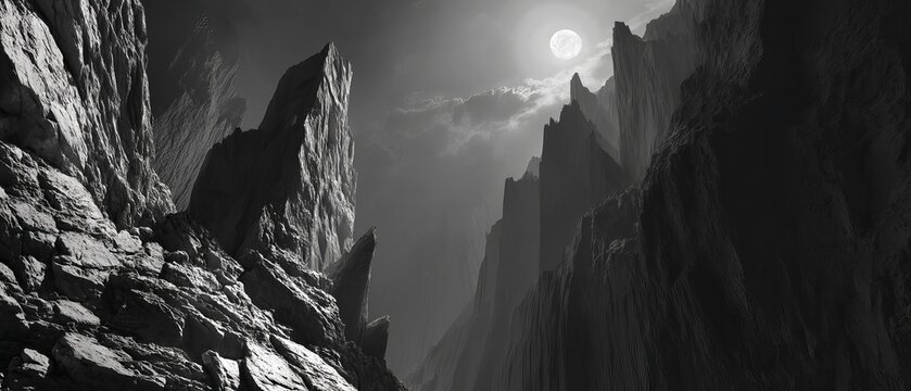 A dramatic black and white landscape showcasing jagged cliffs under a full moon, evoking a mysterious atmosphere.