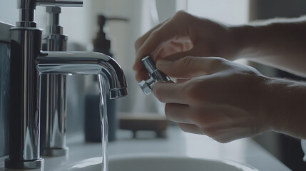 Plumber connecting pipes in a bathroom. Featuring skill and technical expertise