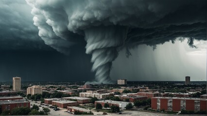 A Terrifying Force of Nature: Gigantic Tornado Menacing a Populated Urban Area, Threatening Destruction and Inspiring Awe.