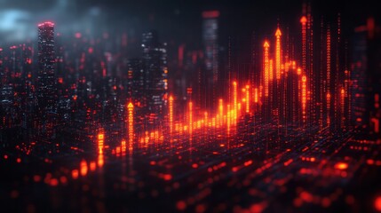 Fototapeta premium Cityscape with rising red graph, nighttime background