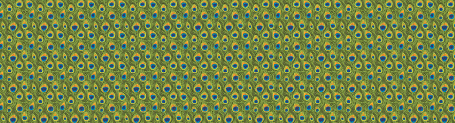 Fototapeta premium seamless pattern of peacock feathers on a black background. yellow outline, color drawing on an animal theme. stock vector illustration