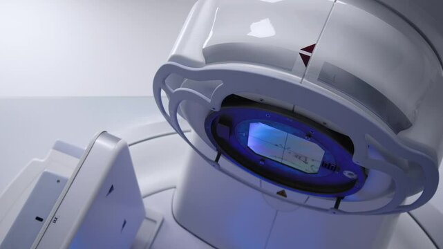 Close-up of a medical linear accelerator in therapeutic oncology. Concept of modern medical technologies.