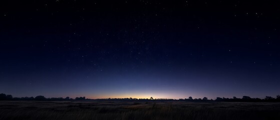 A serene twilight landscape under a starry night sky, with a gentle gradient of dark blue to soft horizon colors.