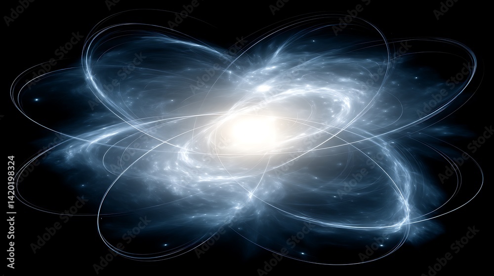 Poster luminous nuclear energy core of an atom illustrating science physics and quantum mechanics concepts.