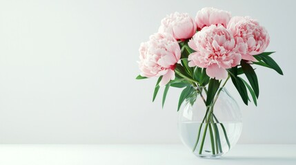 Obraz premium A vase of pink peonies sits on a white table