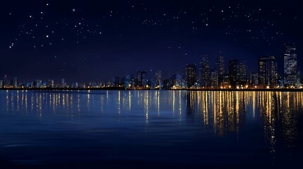 Fototapeta premium Luminous Skyline Reflection at Night under Starry Sky.