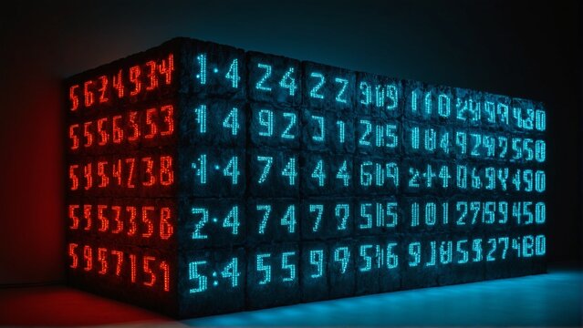 The Cipher Block: A Mysterious Arrangement of Numeric Displays Exhibiting a Confluence of Digital Readouts and Textured Stone-like Surfaces.
