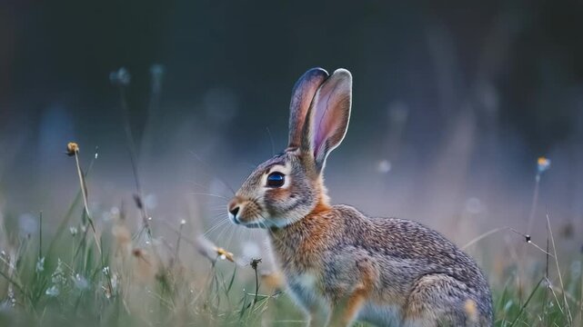 Alert wild hare with brown, grey, and tan fur standing attentively in a meadow of long green grass and tiny yellow wildflowers, with a blueish grey background.