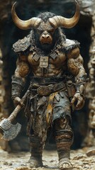 Fototapeta premium Fierce minotaur warrior in ancient attire holding battle axe in enchanted cave setting