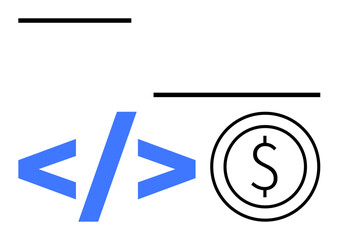 Blue coding tag alongside a black dollar symbol with simple lines. Ideal for web development, finance, coding, business strategy, profitability, online services, simple landing page