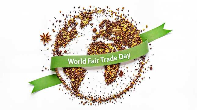 World Fair Trade Day 2025 Composition Earth  Globe Shape From Products Such As Coffee Beans Bananas Sugarcane and Spices Flat Lay Arrangement on White Background - Powered by Adobe