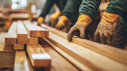 Skilled workers organizing wooden materials for projects Generative AI