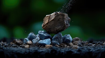A brown rock delicately balanced atop a pile of smaller stones.  Dust is falling