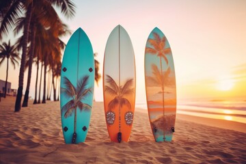 Colored Surfboards standing on a sandy beach against a serene blue ocean backdrop. copy space for text. Vacation concept. Travel concept, Summertime concept with copy space.
