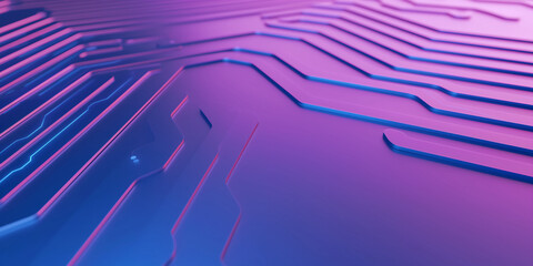 Abstract close up of a circuit board with neon pink and blue lights illuminating the surface