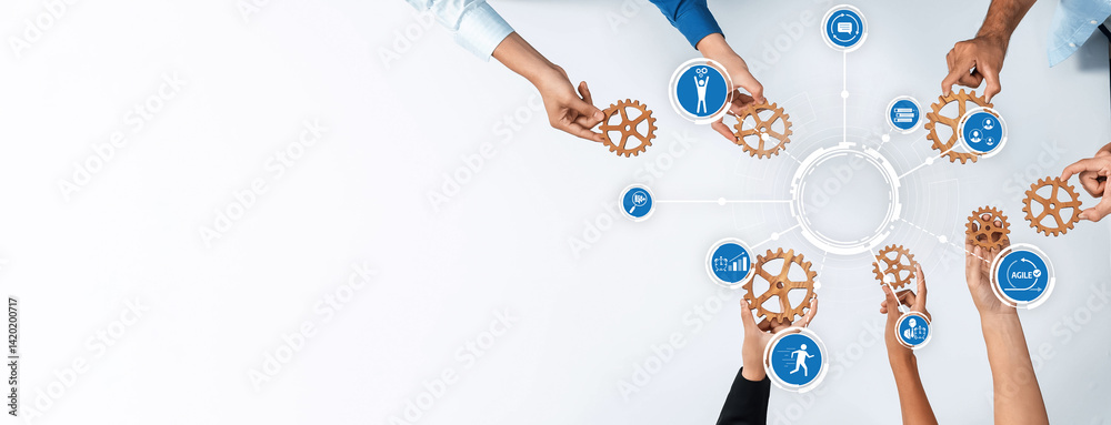 Poster engaging visual of diverse hands collaborating with gears and icons, symbolizing teamwork, innovatio
