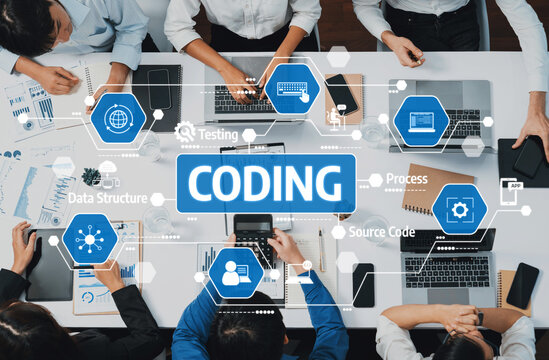 A modern workspace showing collaborative coding with professionals engaged in a data structure project, focusing on coding processes and efficiency improvement. Amity - Powered by Adobe