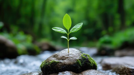 New sprout on a stone by a stream